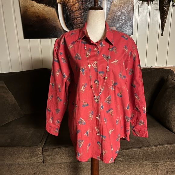 Kyoto Kasuals • Vtg • Large • New • Red • Blouse • Deer/ Bird/ Owl Design - Picture 11 of 15